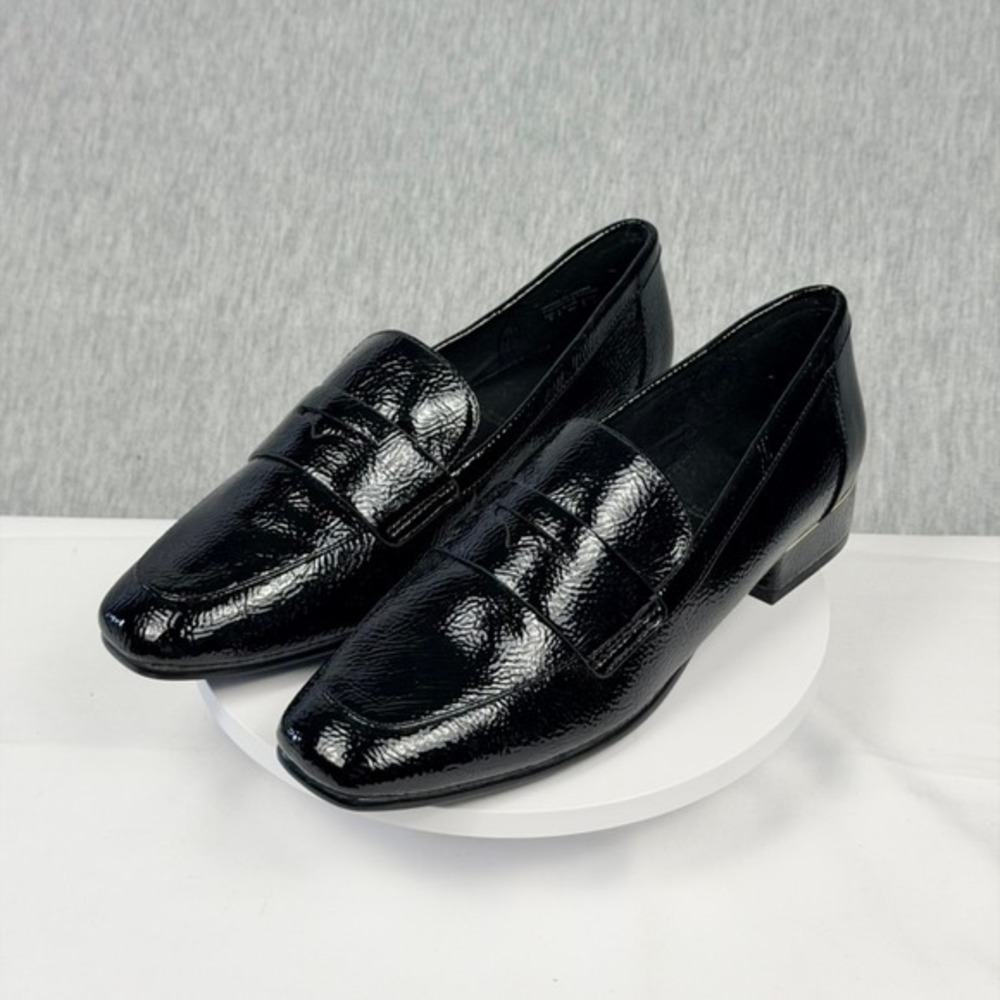 Aldo Black Patent Leather Penny Loafers Square Toe Gold Heel Detail Womens 6